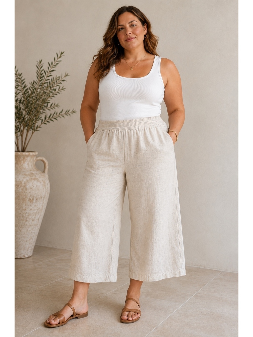 Halston 100% Linen Wide Leg Crop Pants L Oatmeal Pull On Pockets